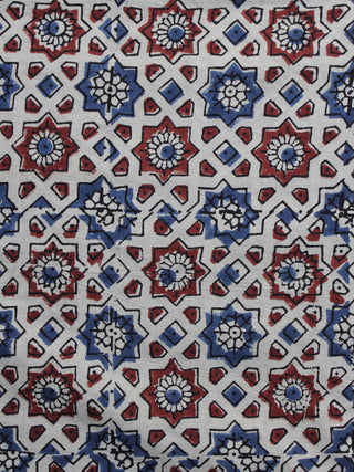 Ivory Red Blue Ajrakh Printed Cotton Fabric Per Meter - F003F1197