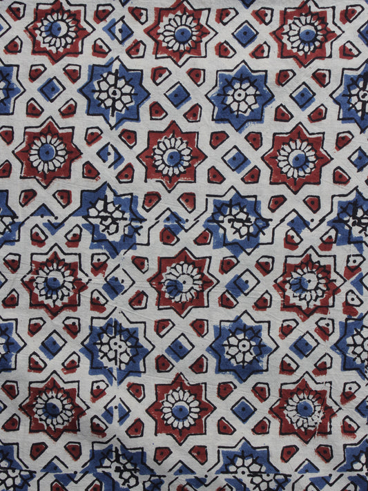 Ivory Red Blue Ajrakh Printed Cotton Fabric Per Meter - F003F1197