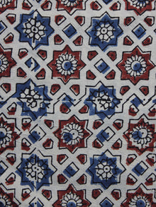 Ivory Red Blue Ajrakh Printed Cotton Fabric Per Meter - F003F1197