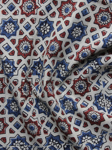 Ivory Red Blue Ajrakh Printed Cotton Fabric Per Meter - F003F1197