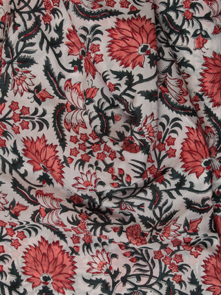White Coral Green Hand Block Printed Cotton Fabric Per Meter - F001F2363