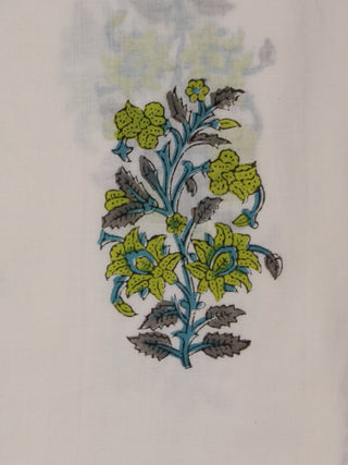 White Green Grey Hand Block Printed Cotton Fabric Per Meter - F001F2033