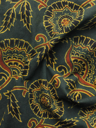 Green Black Yellow Rust Ajrakh Hand Block Printed Cotton Blouse Fabric - BPA066