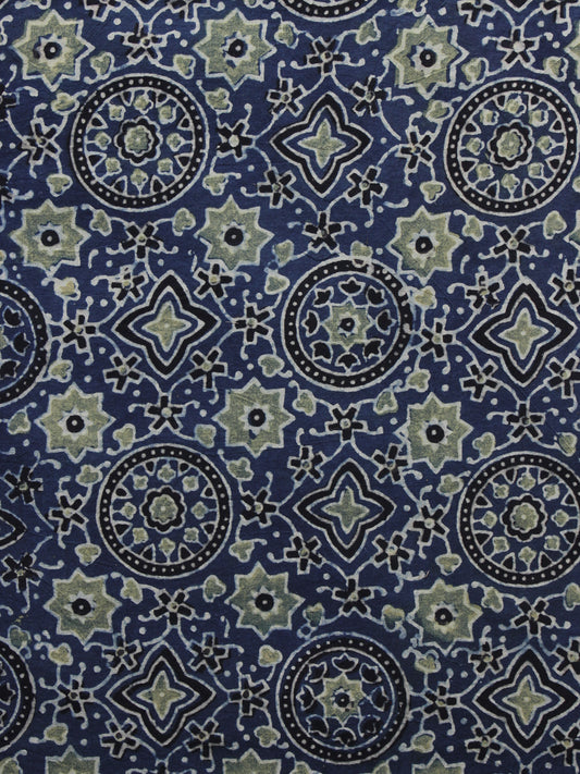 Blue Olive Green Black Ajrakh Printed Cotton Fabric Per Meter - F003F1199