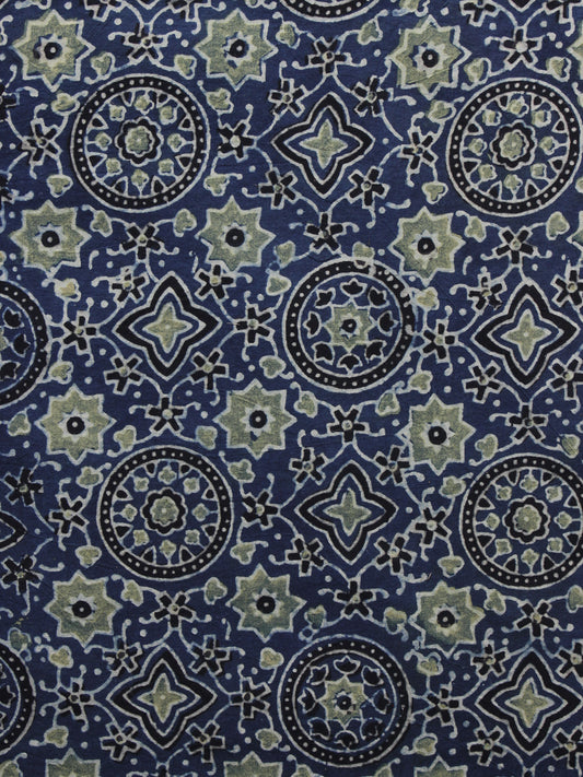 Blue Olive Green Black Ajrakh Printed Cotton Fabric Per Meter - F003F1199