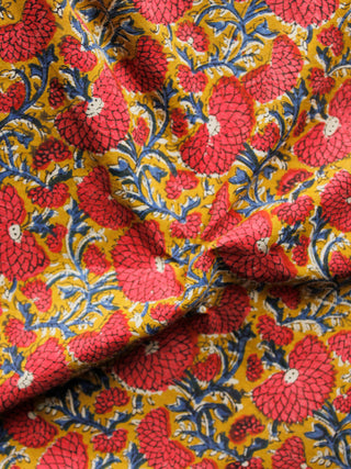 Mustard Red Indigo Hand Block Printed Cotton Fabric Per Meter - F001F1373