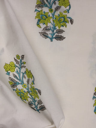 White Green Grey Hand Block Printed Cotton Fabric Per Meter - F001F2033