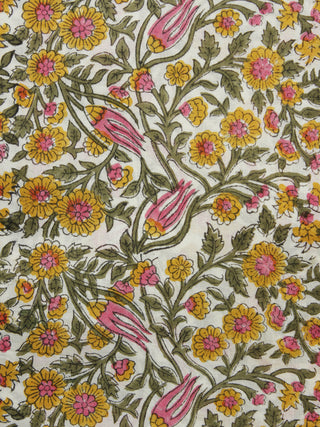 Beige Mustard Pink Green Hand Printed Cotton Fabric Per Meter - F001F1090