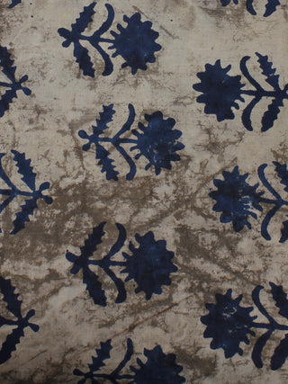 Beige Blue Hand Block Printed Cotton Cambric Fabric Per Meter - F0916122