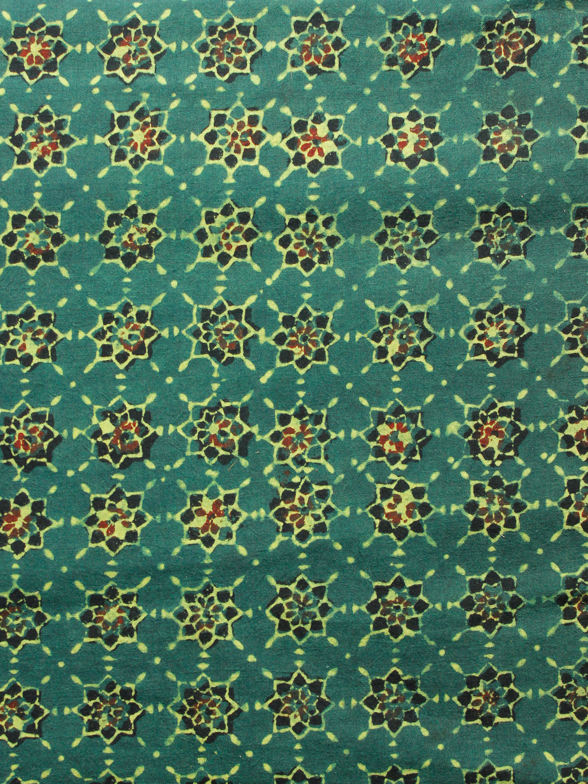 Green Mustard Black Red Ajrakh Hand Block Printed Cotton Fabric Per Meter - F003F1620