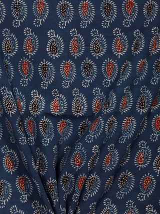 Indigo Black Rust Beige Ajrakh Hand Block Printed Cotton Fabric Per Meter - F003F1778