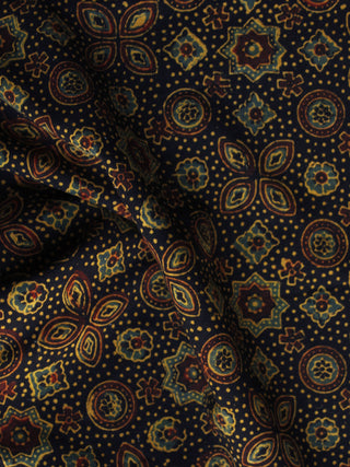 Black Brown Yellow Green Ajrakh Hand Block Printed Cotton Blouse Fabric - BPA045