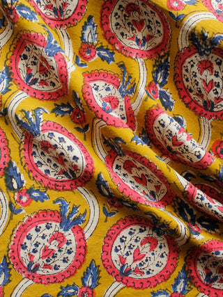 Mustard Beige Coral Indigo Hand Block Printed Cotton Fabric Per Meter - F001F1375
