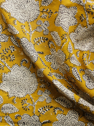 Mustard Black Ivory Hand Block Printed Cotton Fabric Per Meter - F001F1376