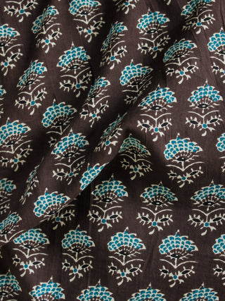 Brown Teal Green Hand Block Printed Cotton Fabric Per Meter - F001F1869