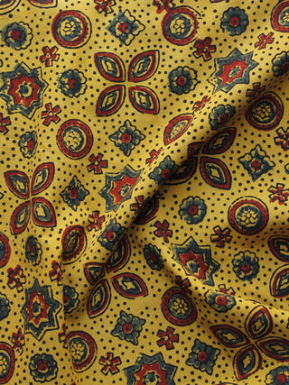 Yellow Maroon Green Ajrakh Hand Block Printed Cotton Blouse Fabric - BPA046