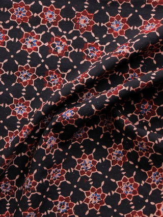 Black Maroon Blue Ivory Ajrakh Hand Block Printed Cotton Fabric Per Meter - F003F1619