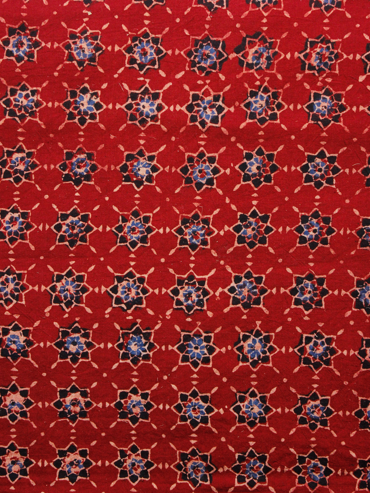 Red Black Blue Ivory Ajrakh Hand Block Printed Cotton Fabric Per Meter - F003F1622