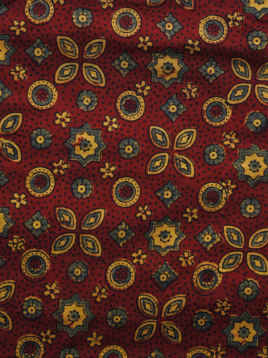 Maroon Yellow Green Ajrakh Hand Block Printed Cotton Blouse Fabric - BPA047