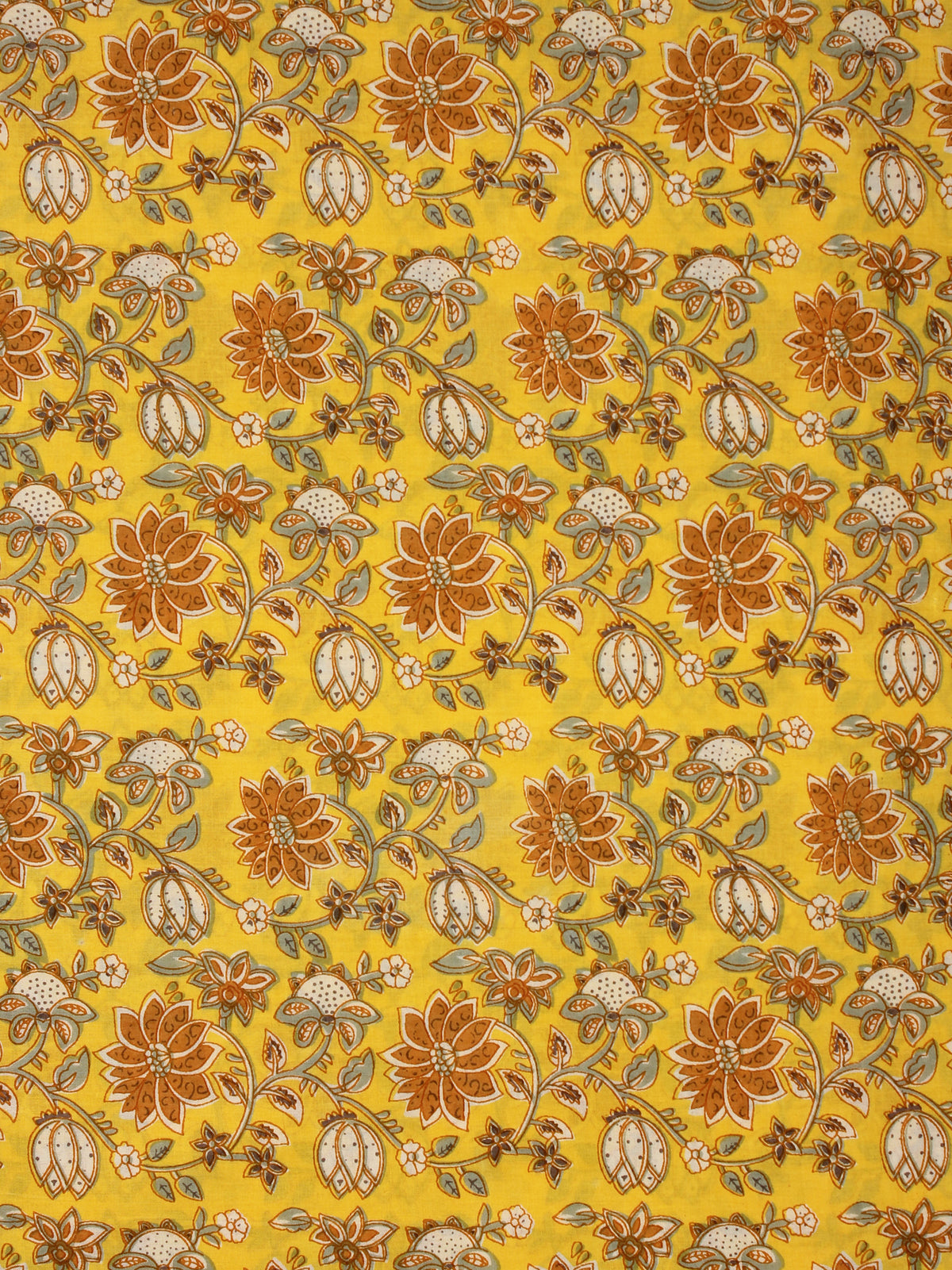 Yellow Rust Green Hand Block Printed Cotton Fabric Per Meter - F001F2037