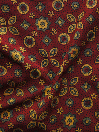 Maroon Yellow Green Ajrakh Hand Block Printed Cotton Blouse Fabric - BPA047