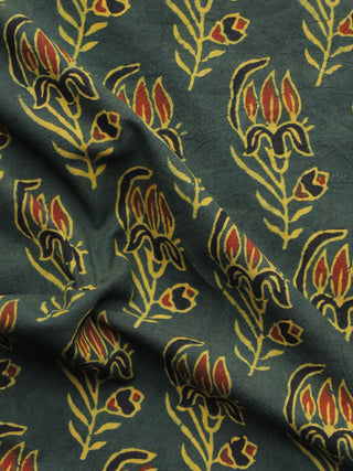 Green Black Rust Yellow Ajrakh Hand Block Printed Cotton Blouse Fabric - BPA071