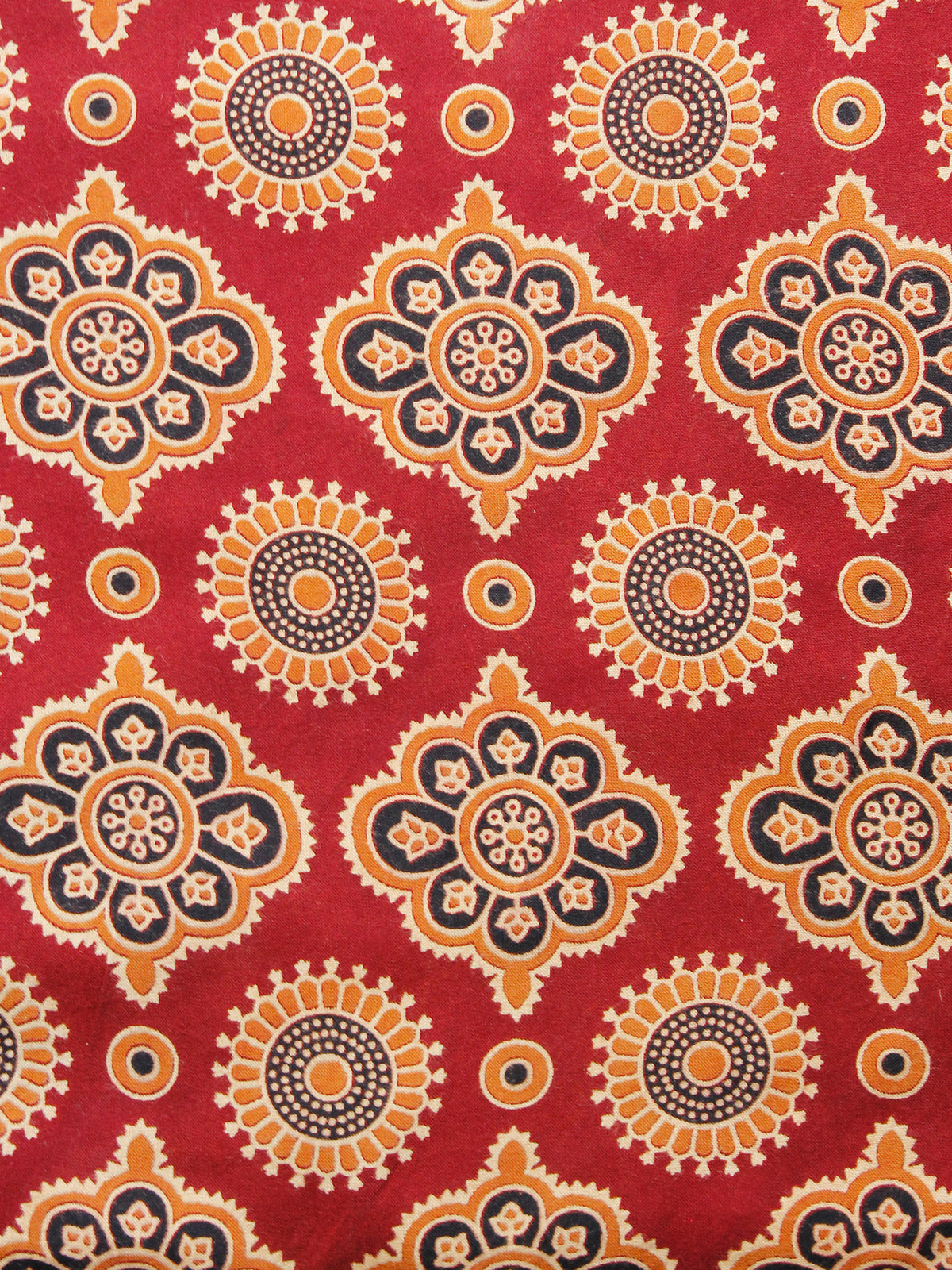 Red Peach Ivory Black Ajrakh Hand Block Printed Rayon Fabric Per Meter - F003F1550
