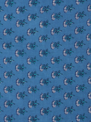 Blue White Green Hand Block Printed Cotton Fabric Per Meter - F001F2038
