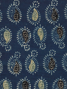 Indigo Black Lime Ajrakh Hand Block Printed Cotton Fabric Per Meter - F003F1781