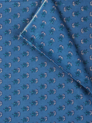 Blue White Green Hand Block Printed Cotton Fabric Per Meter - F001F2038