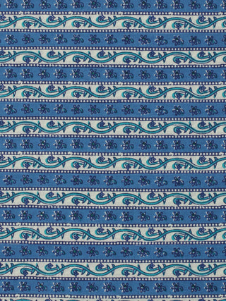 Blue White Green Hand Block Printed Cotton Fabric Per Meter - F001F2039