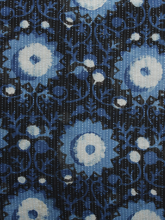 Indigo Blue Black Ivory Kantha Embroidered Hand Block Printed Cotton Fabric - F004K1122