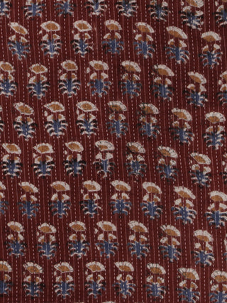 Maroon Ivory Blue Brown Kantha Embroidered Hand Block Printed Cotton Fabric - F001F561