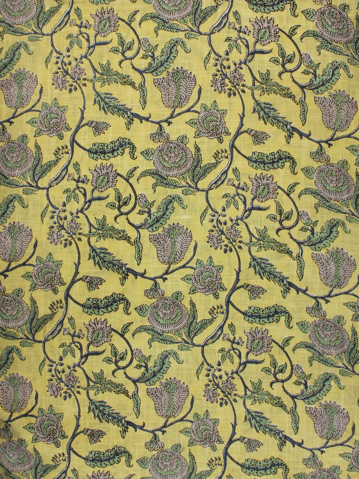 Yellow Green Grey Hand Block Printed Cotton Fabric Per Meter - F001F2286