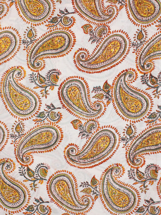 White Yellow Green Hand Block Printed Cotton Fabric Per Meter - F001F2298