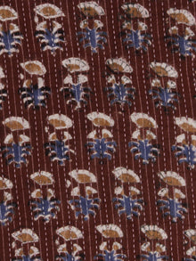 Maroon Ivory Blue Brown Kantha Embroidered Hand Block Printed Cotton Fabric - F001F561