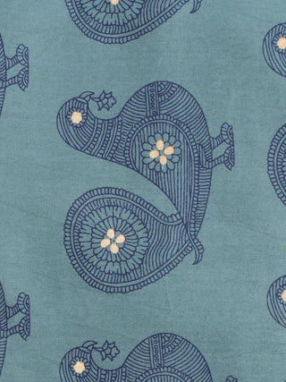 Steel Blue Indigo Gold Hand Block Printed Cotton Fabric Per Meter - F001F2059