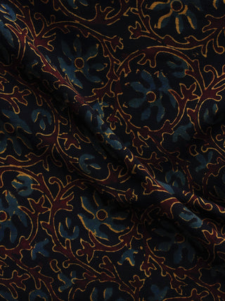 Black Blue Brown Ajrakh Hand Block Printed Cotton Blouse Fabric - BPA005