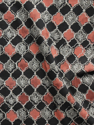 Black Peach Grey Hand Block Printed Cotton Fabric Per Meter - F001F897