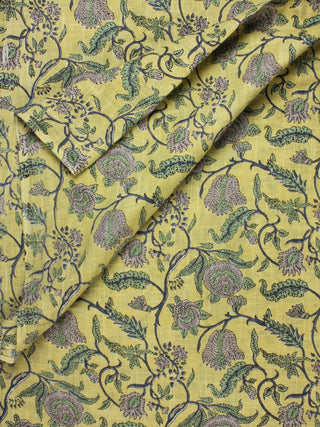 Yellow Green Grey Hand Block Printed Cotton Fabric Per Meter - F001F2286