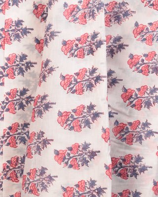 White Coral Steel Blue Hand Block Printed Cotton Fabric Per Meter - F001F2409