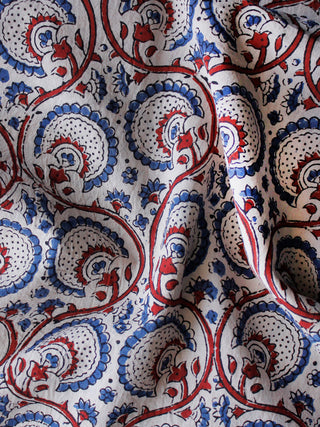 Ivory Red Blue Ajrakh Hand Block Printed Cotton Blouse Fabric - BPA0110