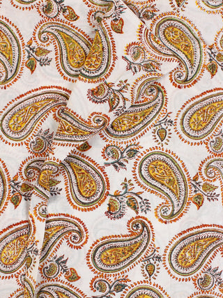 White Yellow Green Hand Block Printed Cotton Fabric Per Meter - F001F2298