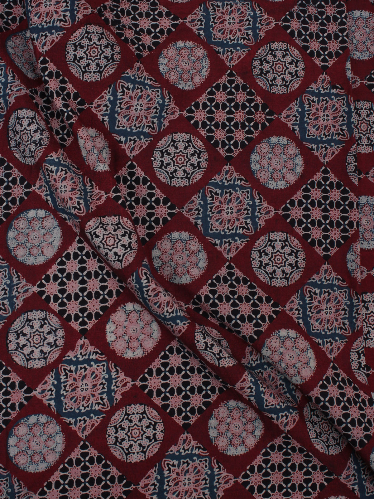 Maroon Ivory Pink Black Ajrakh Block Printed Cotton Fabric Per Meter - F0916677