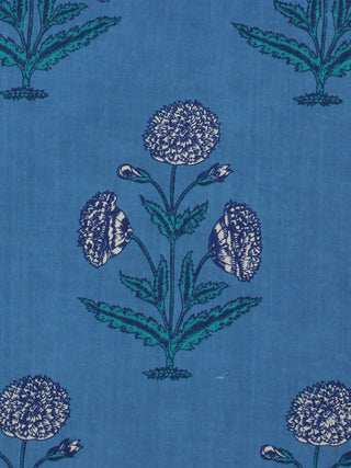 Blue White Green Hand Block Printed Cotton Fabric Per Meter - F001F2040
