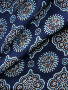 Indigo Blue Brown Ajrakh Hand Block Printed Rayon Fabric Per Meter - F003F1552