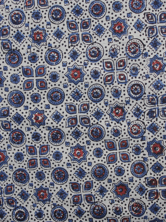 White Blue Red Ajrakh Printed Cotton Fabric Per Meter - F003F1206
