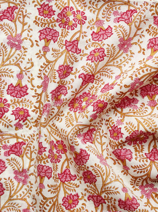 Ivory Pink Mustard Hand Block Printed Cotton Fabric Per Meter - F001F1097