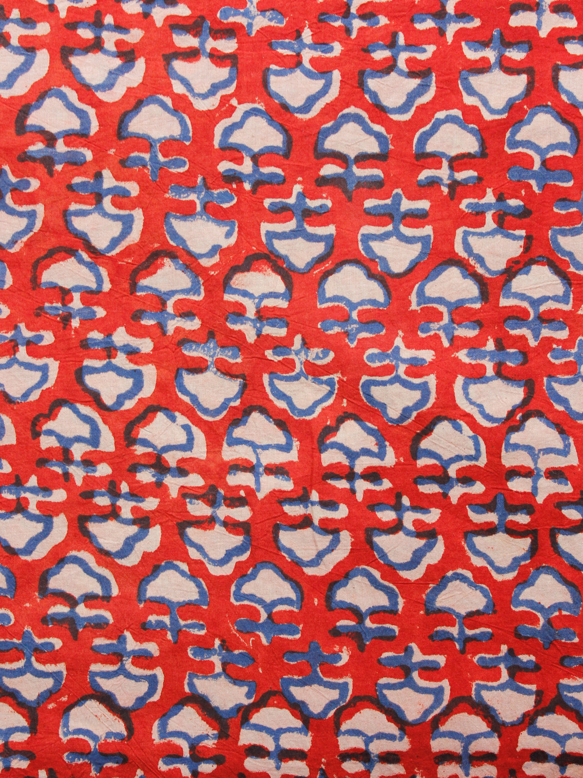 Red Indigo Beige Hand Block Printed Cotton Fabric Per Meter - F001F1382