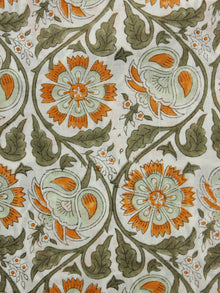 Ivory Teal Green Orange Hand Block Printed Cotton Fabric Per Meter - F001F1098